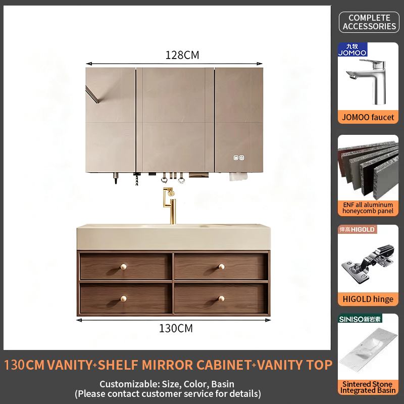 130Travertine Hot-Bent Single Sink + Smart Mirror Cabinet