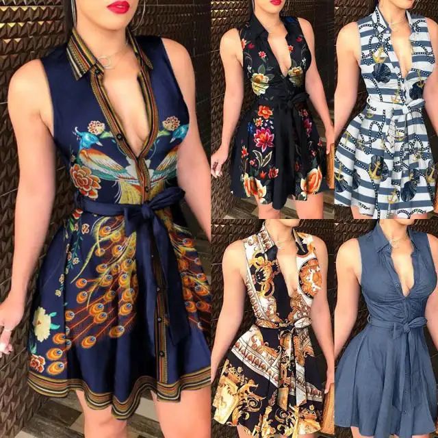 Ropa informal elegante con estampado de cadena para mujer, vestidos sexys sin mangas de diseñador, Vestido camisero para mujer 2022