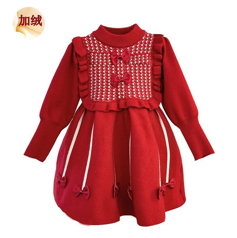 Fleece-lined bright red eight bowknot dress