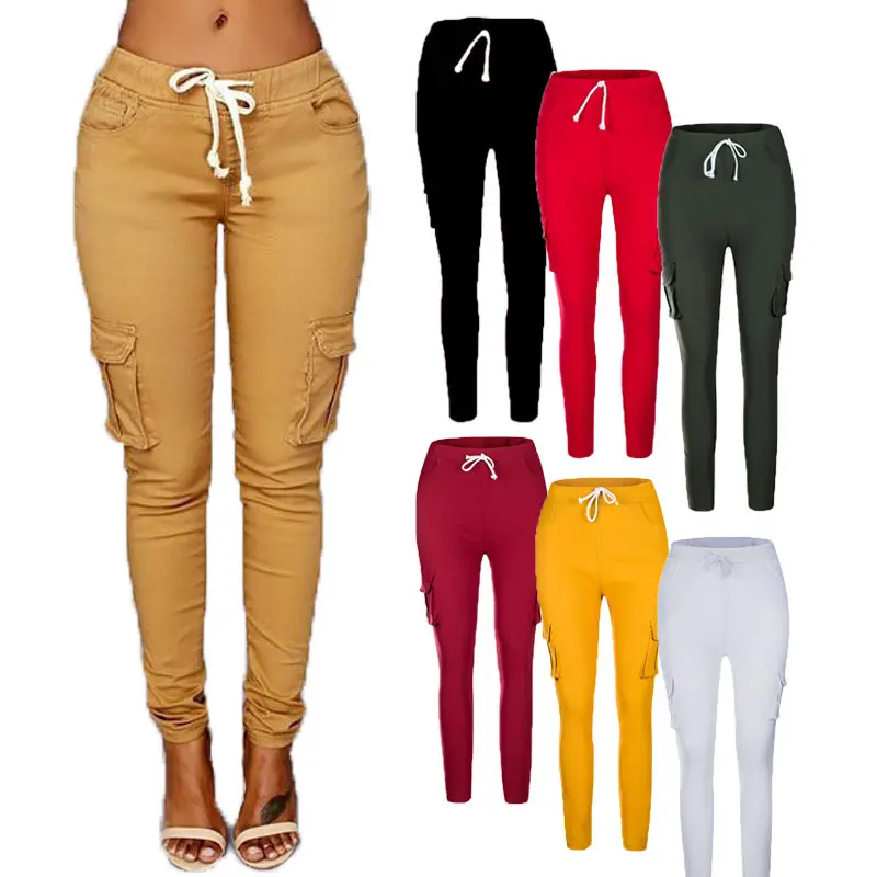 Plus tamaño recto Casual Slim Fit pantalones Slim vaquero delgada pantalones para mujeres de cintura alta de encaje Multi-bolsillos sólido lápiz pantalones