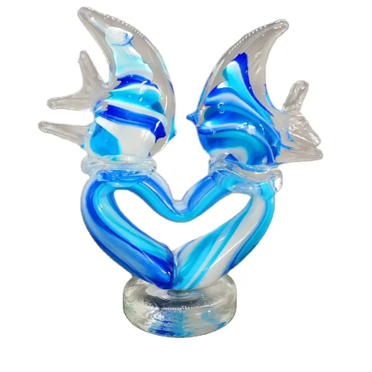 Escultura de cristal artística con base, decoración de doble corazón de pez de amor