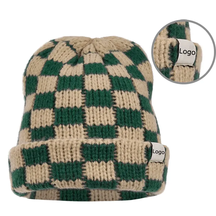 Nhà Sản Xuất Mùa Đông Ấm Áp Trượt Tuyết Ngoài Trời Bàn Cờ rô In Biểu Tượng Tùy Chỉnh Đàn Hồi Đan Beanie Hat