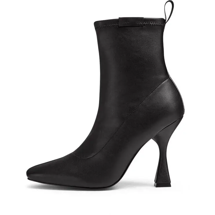 2022 черные ботинки из искусственной кожи на высоком каблуке, Стрейчевые короткие ботинки до щиколотки с острым носком для женщин