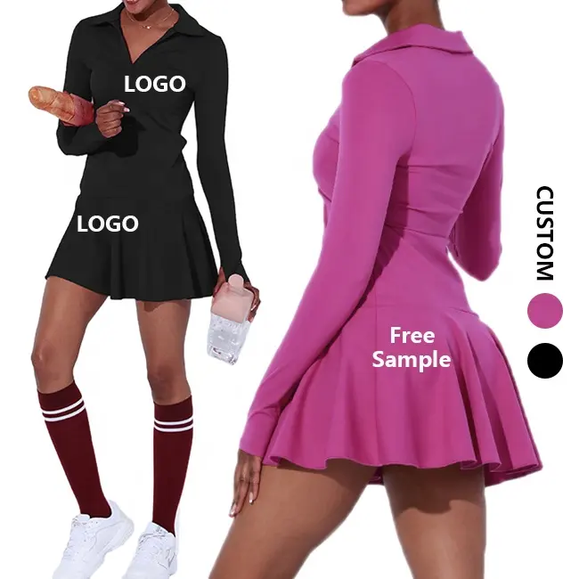 Vêtements de golf sexy à col en V pour femmes Robe de tennis badminton manches longues Vêtements de tennis Tissu polylactide Fit Robe de sport à séchage rapide