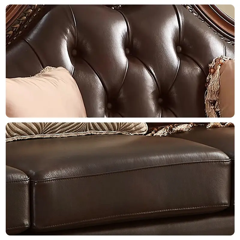 Fábrica al por mayor estilo americano de lujo sofá de cuero genuino tradicional de madera maciza tallada a mano sala de estar sofá conjunto de muebles