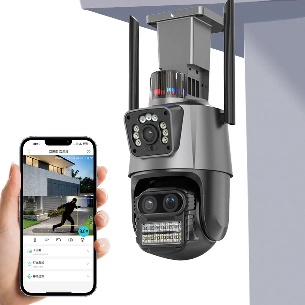 Icsee lente tripla dashboard câmera 8X zoom 360 AI PTZ CCTV câmera de vigilância colorida visão noturna 4K wi-fi câmera ao ar livre