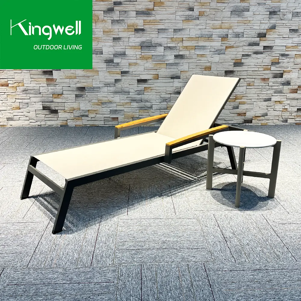 Patio extérieur meubles imperméables plage cadre en aluminium piscine chaise longue accoudoir en bois de teck piscine de jardin chaises longues