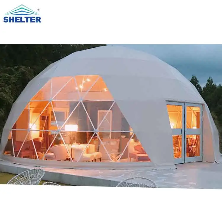 Outdoors PVC Prefab Glamping Dome casa Tenda Hotel Luxo Cúpula Geodésica Tenda com Banheiro Luz Solar Janelas