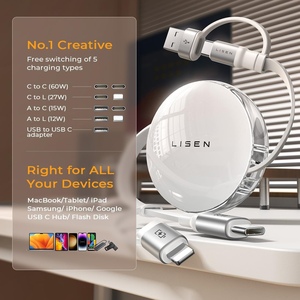 LISEN Universal 5-in-1 Retractable Charging Cable 60W Fast Cord with USB-C and USB-A <strong>Input</strong> for All Phones Tablets iPad - Product Image 2