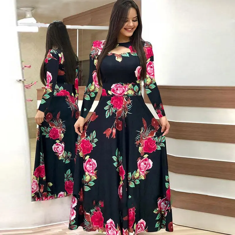 2022 Floral Print Style Mini Dress Women Long Sleeve Hollow Neck Party Dress Ladies Day Casual Clothes