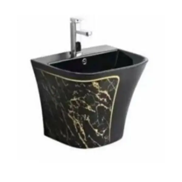 KD-18CWBD Kadyos Hot Sell Shiny Black Colored Ceramic Wall Hung Bathroom Washing Basin Golden Marble Design Toilet Sink Set