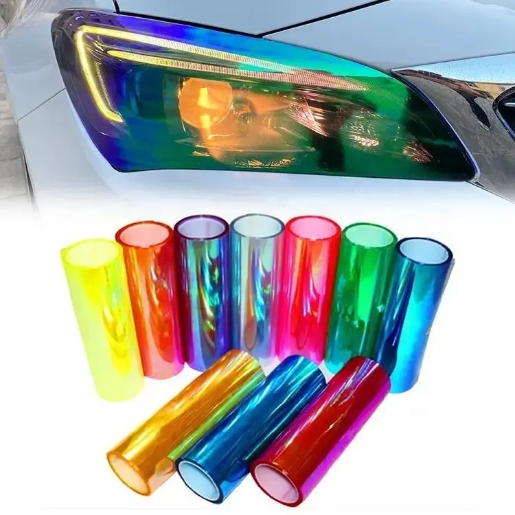 Película de PVC para faros delanteros de coche al por mayor, película de lámpara LED fotocromática camaleón Arco Iris vinilo 0,3*10m, película de tinte para faros de coche