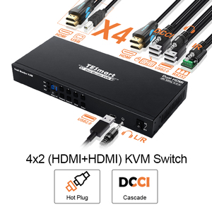 TESmart 4端口双显示器HDMI KVM开关4K60Hz带EDID仿真器轻松即插即用4路开关4x2视频切换器