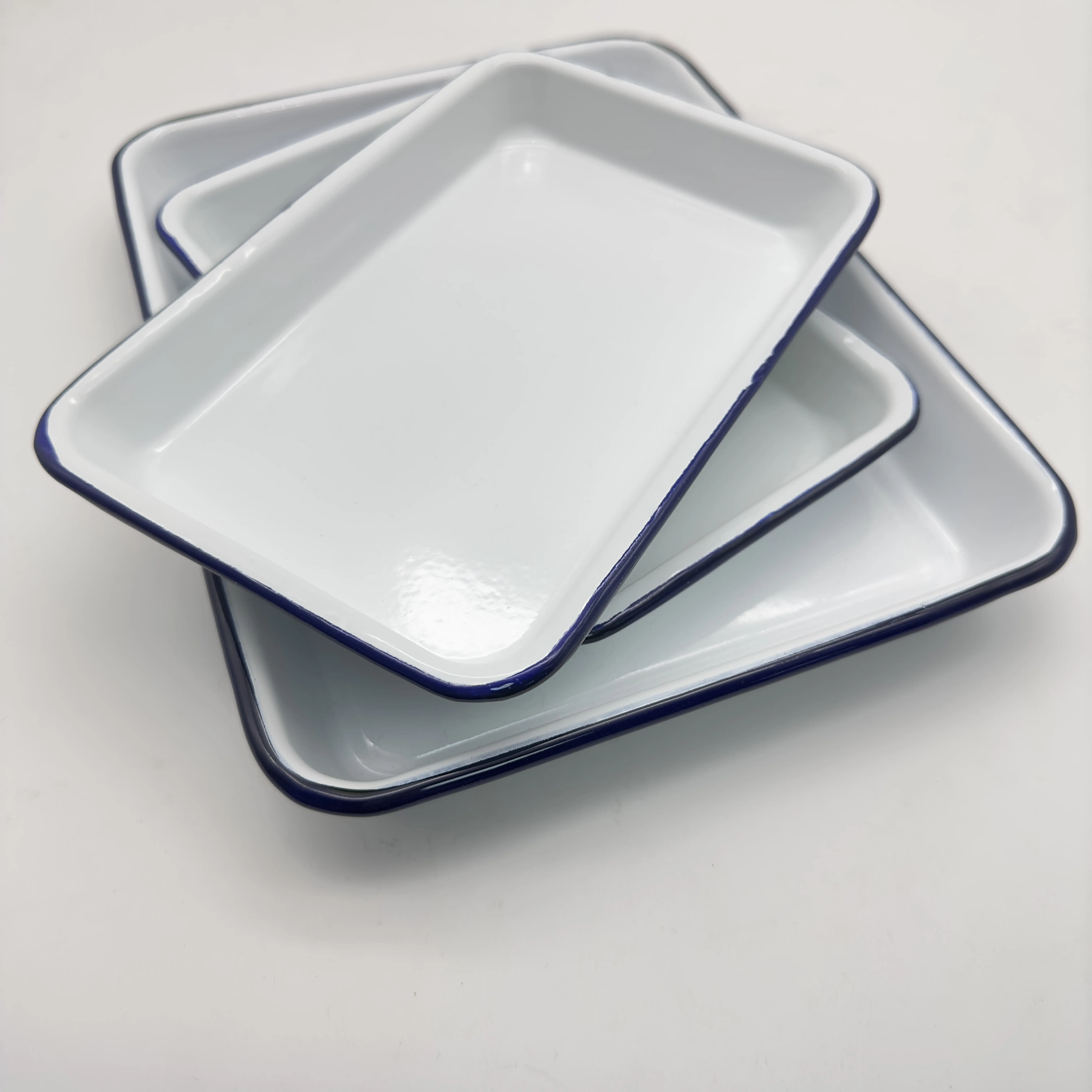 Kitchen Use Vintage Food White Printing Metal Enamel Baking Square Serving Trays Dish with Logo Printed