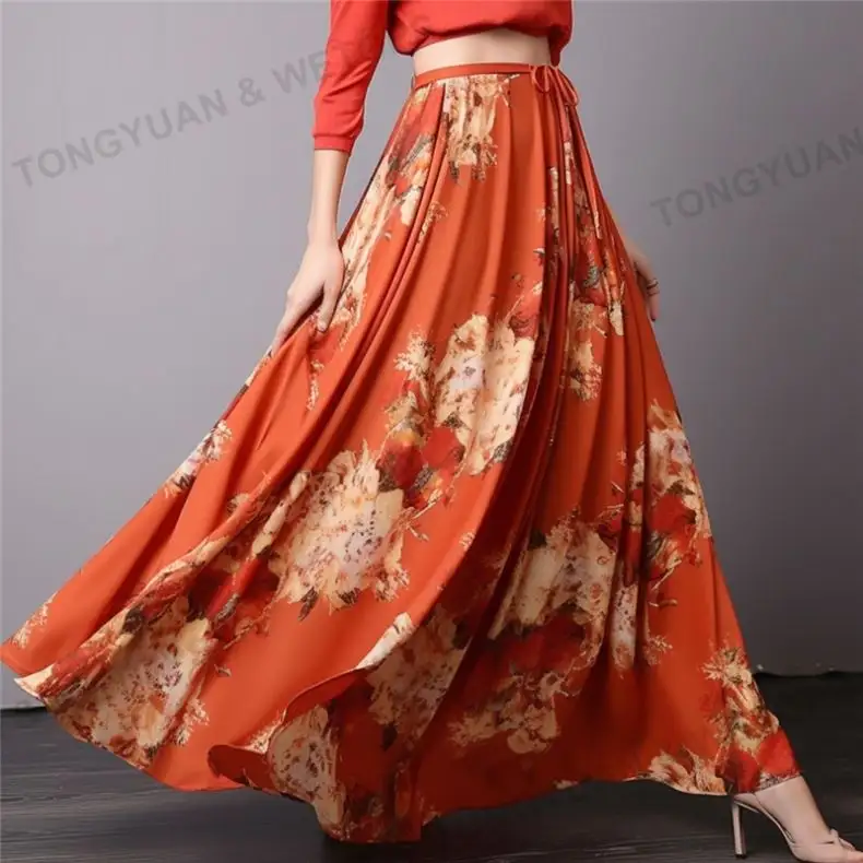 Plus Sise Skirts Casual A-Line Long Pattern High-Waist Wrap Tweed Skirt Maxi Chiffon Printed Pleated Floral Women Skirts