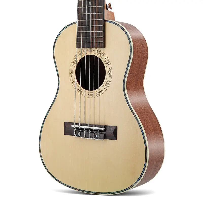 Venta directa del fabricante 28 pulgadas abeto Sapele ukelele guitarra de seis cuerdas