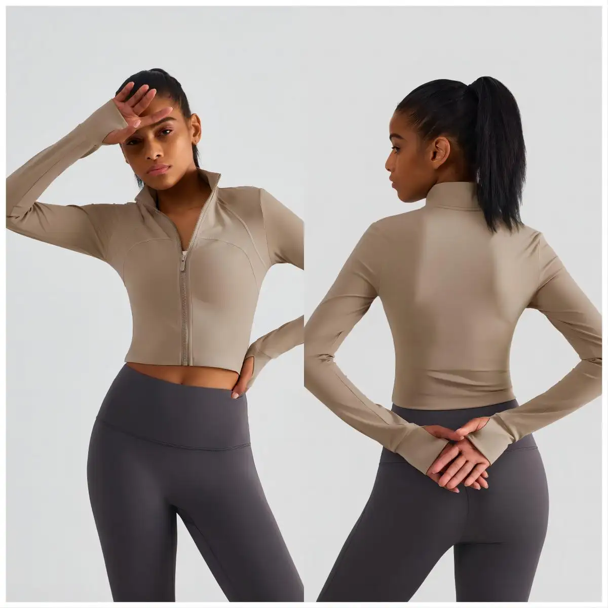 Schlussverkauf Voller Reißverschluss Damen hochwertige Yoga-Jacken mit Daumenschlitz Slim langärmelige Sport-Oberteile