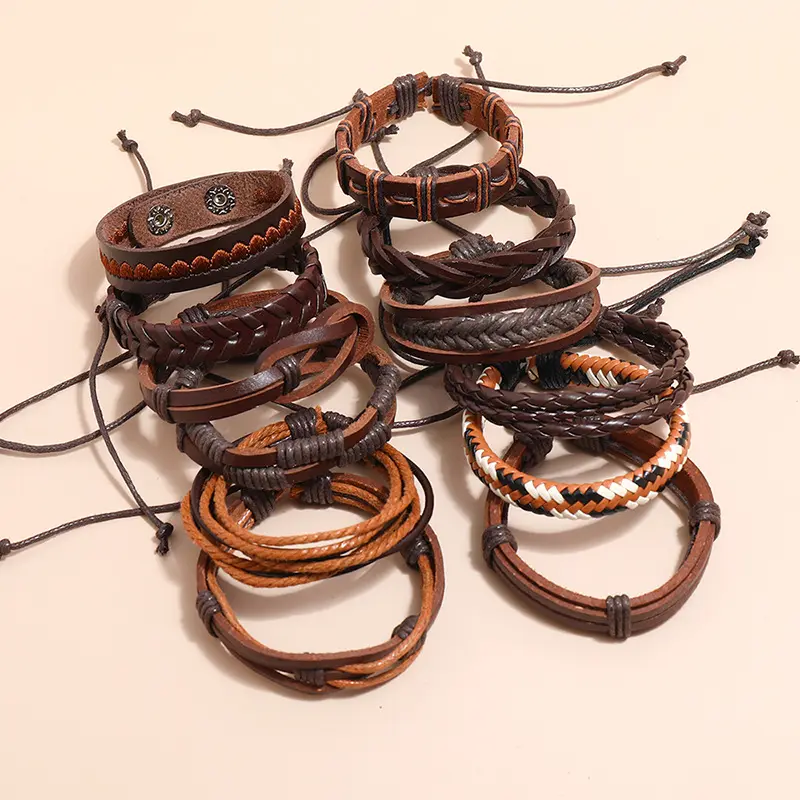 Pulsera de piel de vaca tejida para hombre y mujer, juego de 12 piezas de pulseras trenzadas de Europa