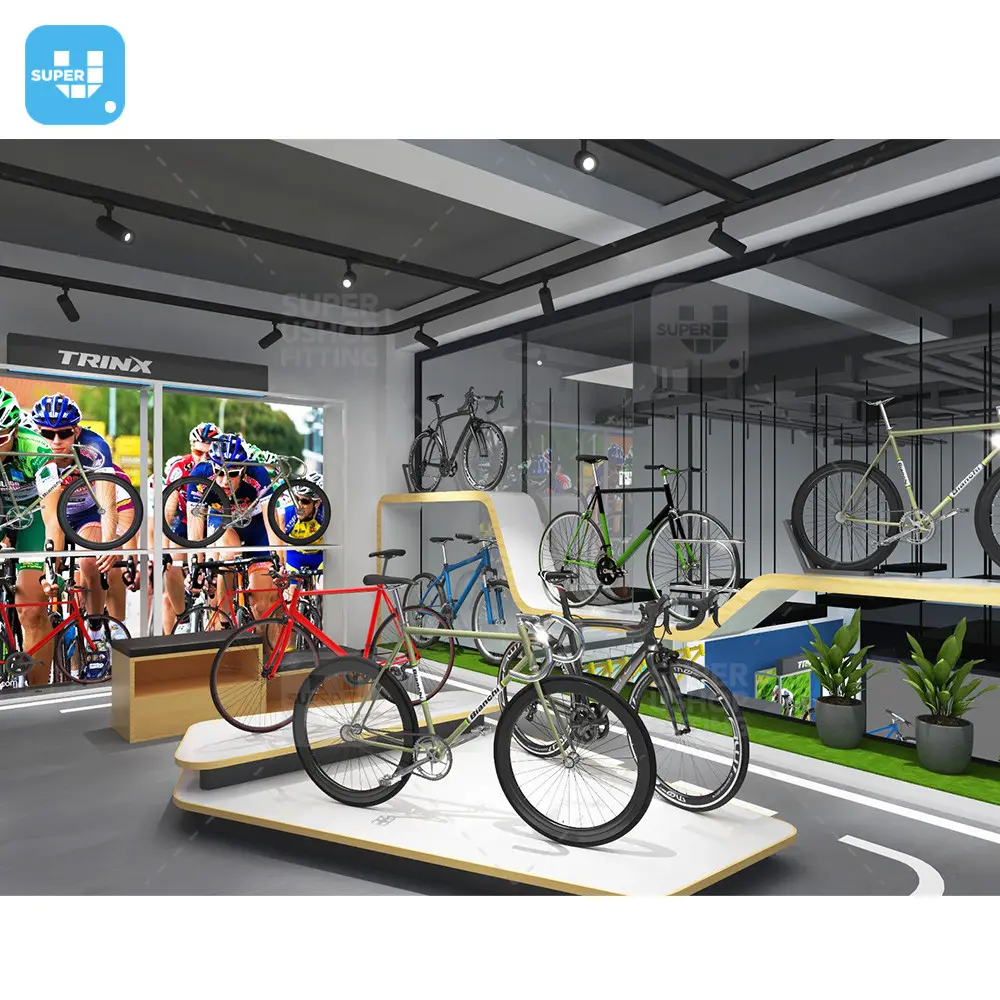 Présentoir de vélo de montagne électrique moderne, présentoir de magasin de cyclisme personnalisé, Design de magasin de vélo à la mode pour vélo de sport