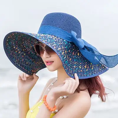 Foldable Large Straw Wide Brim Hat Women Summer Beach Empty Sun Adjustable Bowknot Sunscreen Floppy Straw Hat