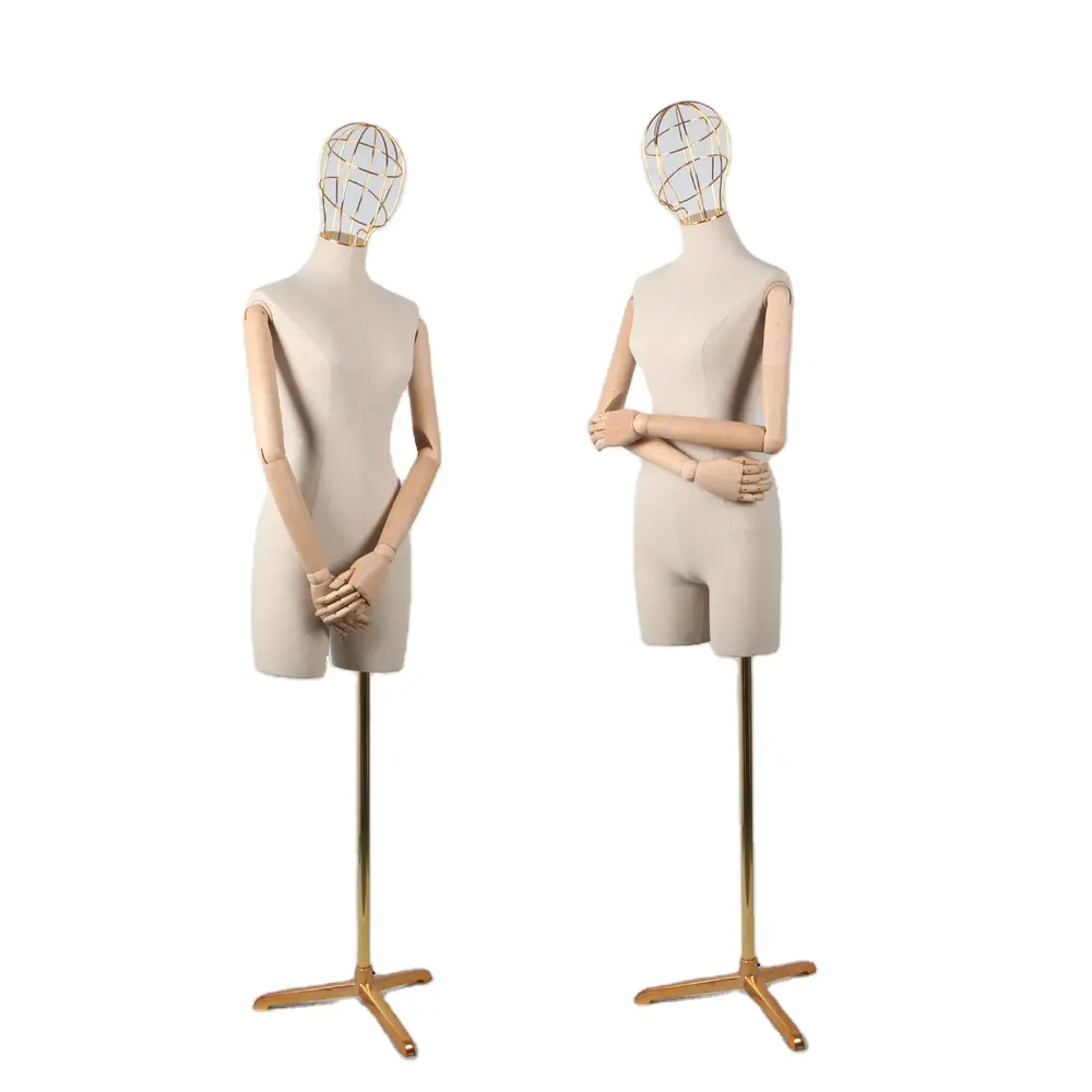 Moda Filo D'oro delle Donne della Testa di Dummies Del Busto Modello Coperto Tessuto di Lino Manichino Vestito Forma