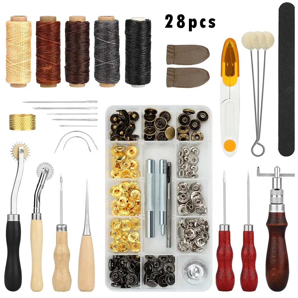 28pcs Kit di strumenti artigianali in pelle strumenti di cucitura a mano Punch intaglio lavoro sella pulsante a pressione strumenti Set Groover Punch elementi di fissaggio Kit-