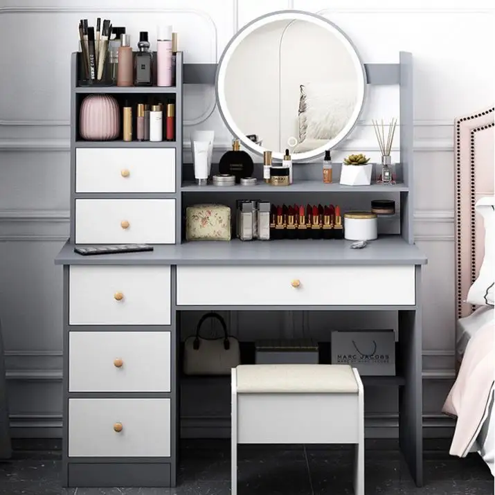 Coiffeuse de luxe légère avec miroir intelligent et tabouret Commode à miroir en cuir Table à maquillage au design moderne Meubles de chambre à coucher