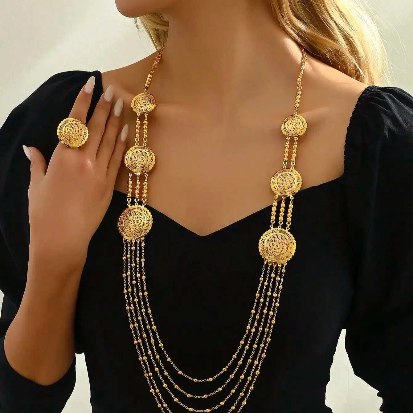Conjunto de collar largo nupcial chapado en oro diseño en línea joyería de moda toda mujer Conjunto de Collar chapado en oro-Comprar en línea