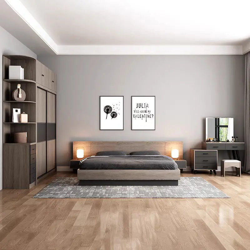 مجموعة غرفة نوم على أحدث طراز عصري ومواكبة للموضه سرير خشبي بحجم كبير من الجلد أنيق ومزدوج لتخزين الأثاث