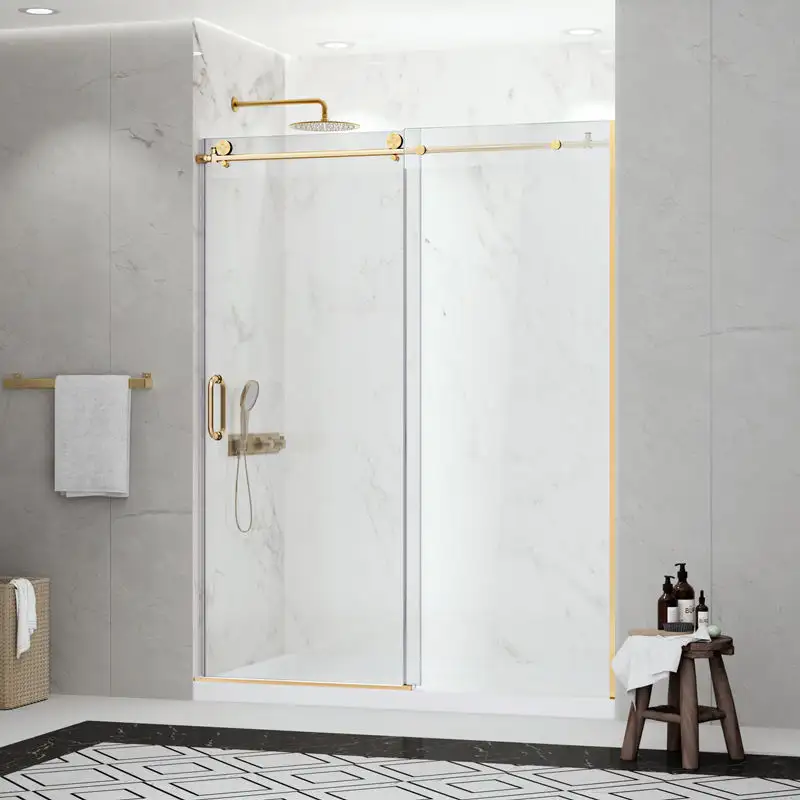 Accesorios de oro rosa Baño deslizante Sin marco Panel de vidrio templado Pantalla Puerta de Ducha