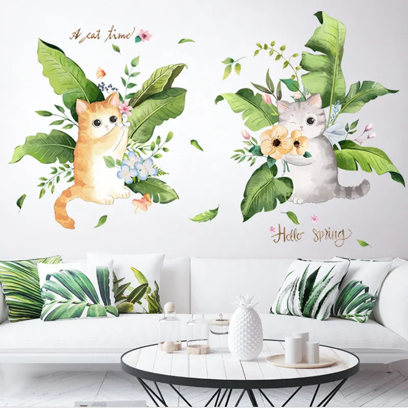 Hot folha verde para a sala da menina do gato dos desenhos animados papel de parede bonito adesivos de parede 3d decoração de casa