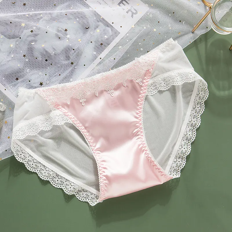 Mulheres do vintage recorte de renda calcinha de cetim rosa cetim branco ver através briefs underwear sexy