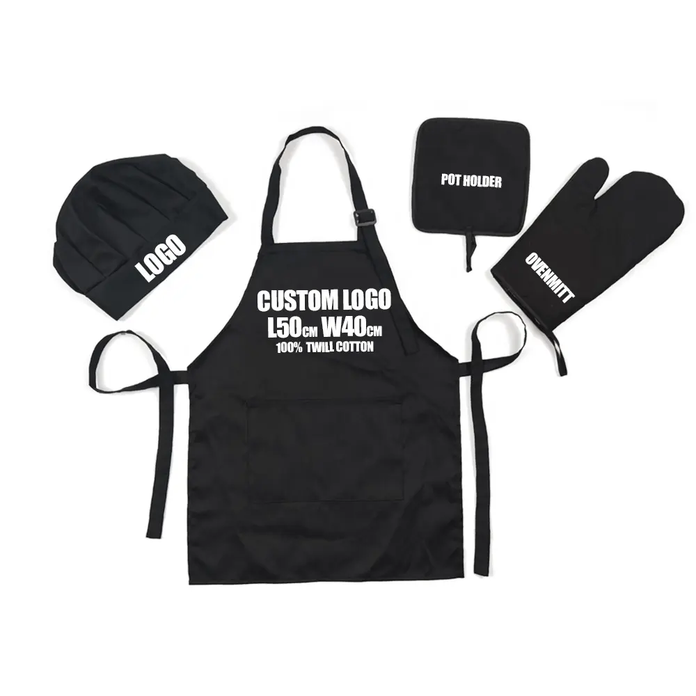 Usine Pas Cher Faible QUANTITÉ MINIMALE DE COMMANDE 100% Coton Uni Blanc Logo Personnalisé Cuisine Enfants Tablier et Chef Chapeau Enfants Tablier Ensemble Four Mitt Potholder