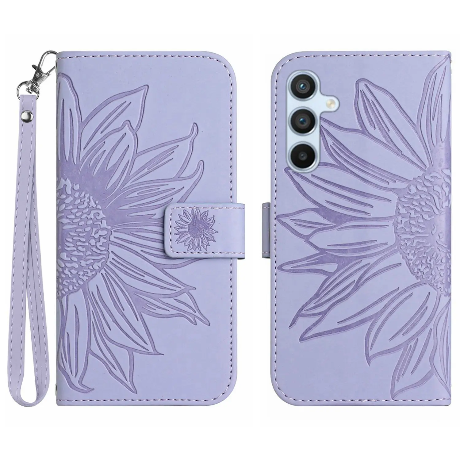 Hochwertige Haut fühlen Sonnenblumen geprägte Lederbezug Flip Leder Handy hülle mit Lanyard Strap für Samsung S22 S23 Ultra