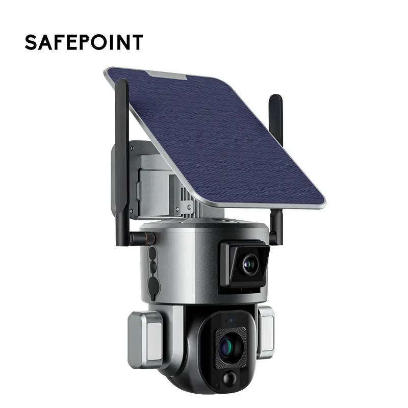 SAFEPOINT CCTV 4K HD 10X Zoom, Kamera IP Keamanan Luar Ruangan Tenaga Surya Jalur Manusia Lensa Ganda 4G Surya PTZ