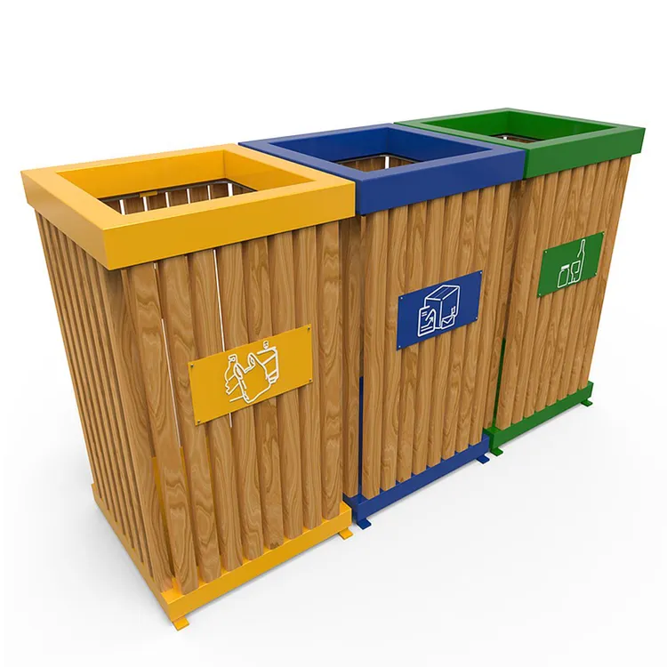 Venta caliente al aire libre usando cubo de basura mental forma cuadrada cubo de basura de madera fábrica contenedores enteros
