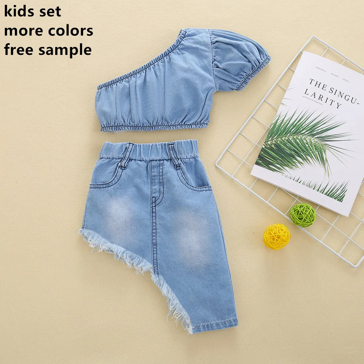 Summer Fashion wholesale 1 to 6 year old kids clothes 2pcs outfit solid blue cotton denim girl skirt clothing suit