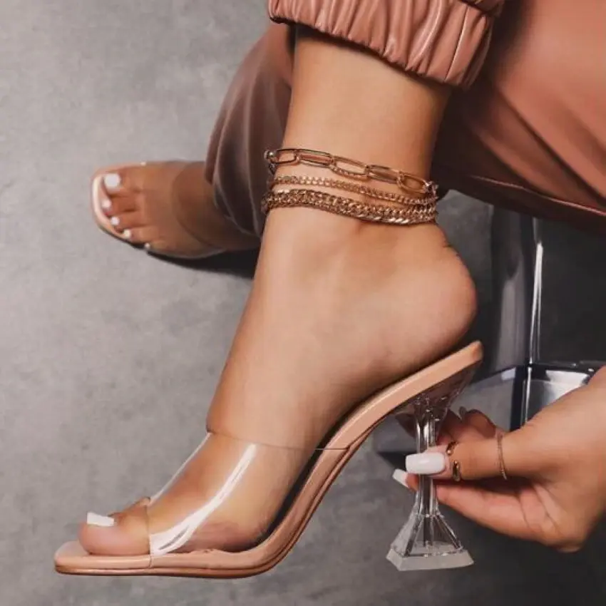 Scarpe tacco alto da donna 2024 estate tacco cristallo One line trasparente leopardato da esterno tacco sottile pantofole sandalo da donna