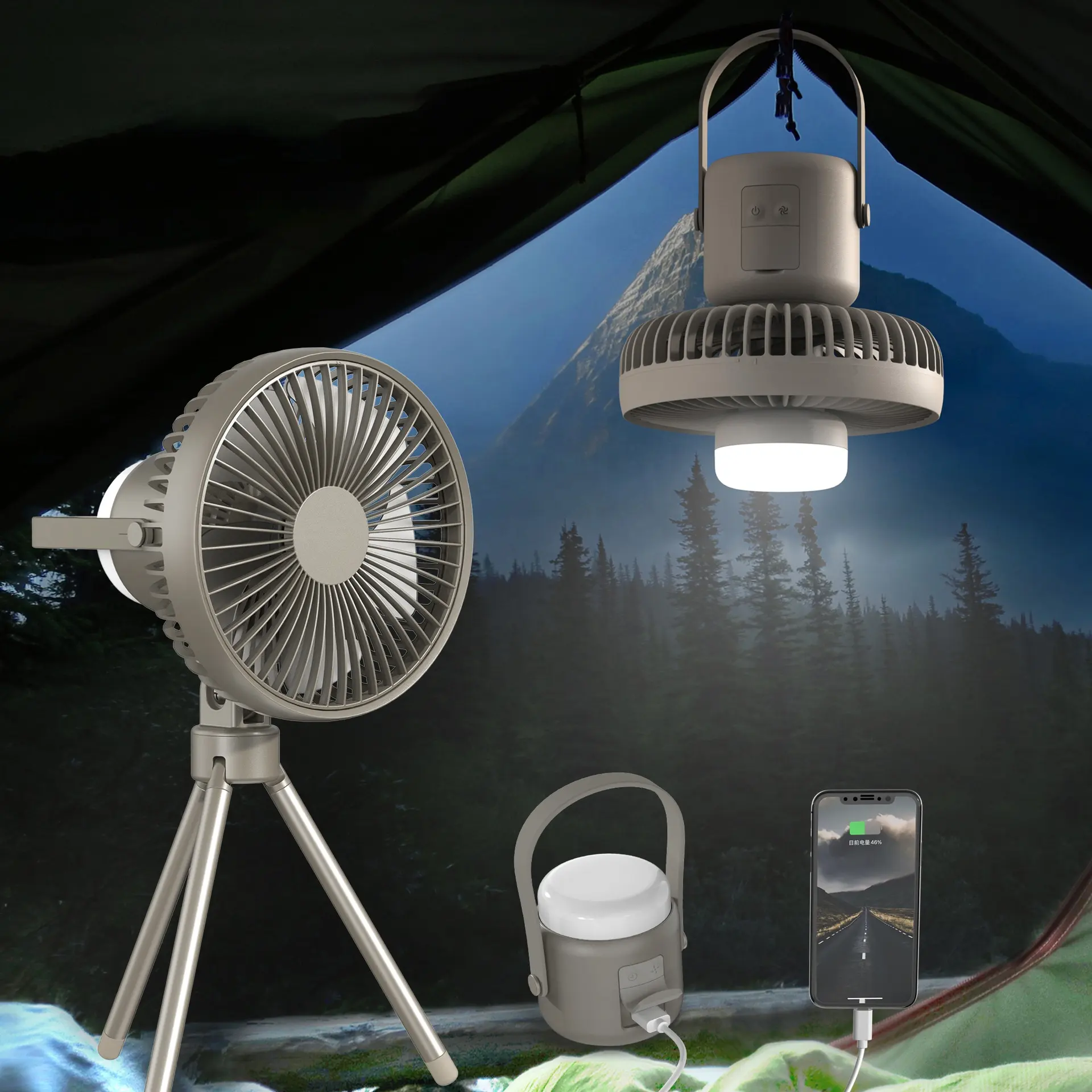 Multifunktions 3 In 1 Stand Camping Tragbarer wiederauf ladbarer Zelt-Decken ventilator Außen ventilator mit Licht