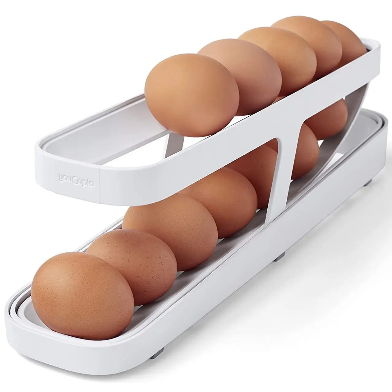 फ्रिज के लिए रोल्डडाउन डिज़ाइन के साथ 1 पीसी अंडा डिस्पेंसर - अंडे को साफ-सुथरा स्टोर और वितरित करता है