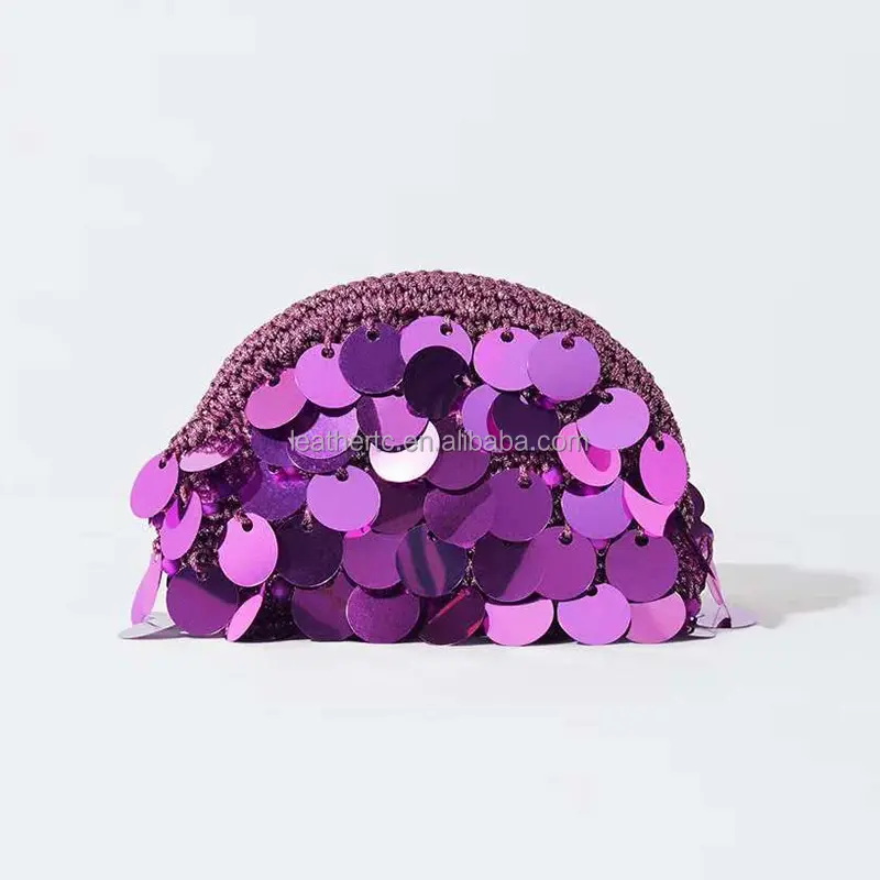 Bolso de mujer de ganchillo de algodón tejido a mano personalizado de diseñador, decoración con lentejuelas adecuada para que las Damas se sujeten en un hombro