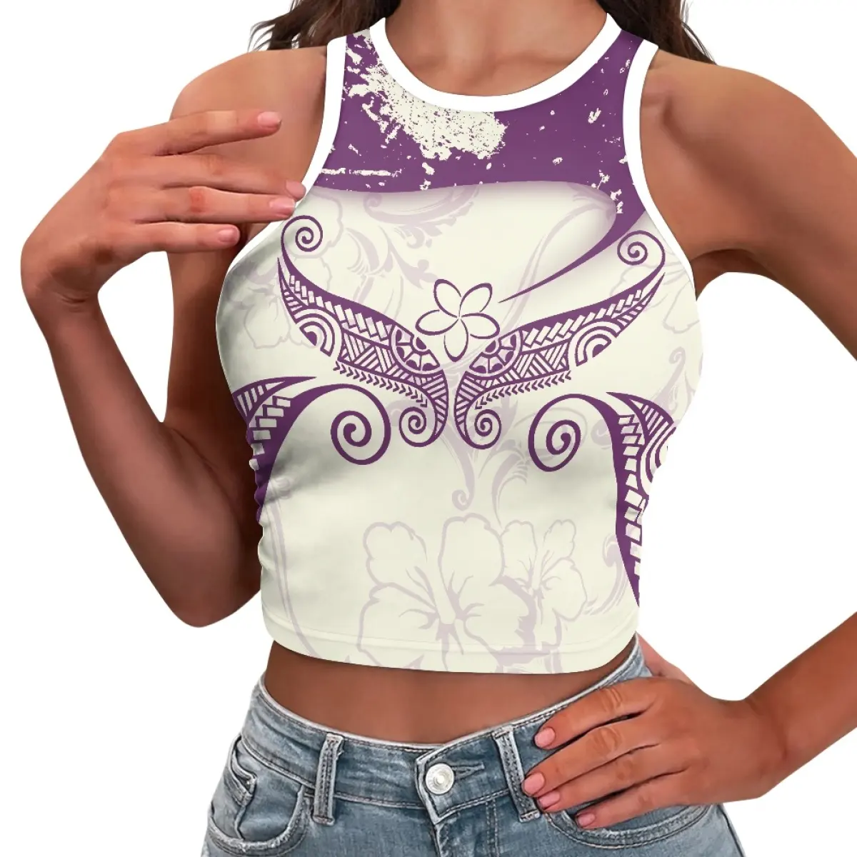 Chaleco corto ajustado de cuello redondo con estampado de textura Polinesia púrpura de impresión digital para mujeres Proveedores de OME Crop Tops Camisetas Damas