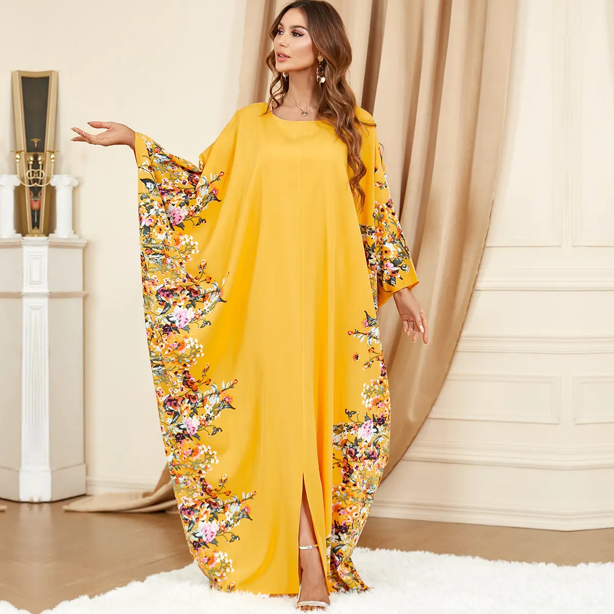 3422 abbigliamento transfrontaliero per il commercio estero con maniche a pipistrello giallo musulmano del Medio Oriente vestito taglie forti alla moda