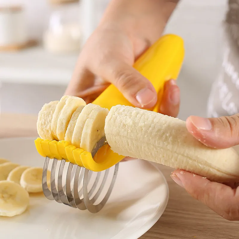 Manjia Kitchen Accessories Banana Slicer Frutas Vegetais Salsicha Cortador De Banana Em Aço Inoxidável Salada Sundaes Ferramentas