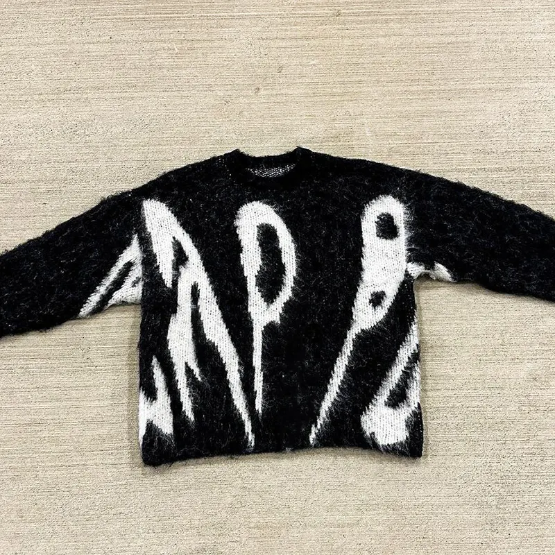 YSJY logotipo personalizado cepillado mohair lana tejido jacquard tejido borroso hombres pulóver chaquetas difusa mohair mezcla suéter