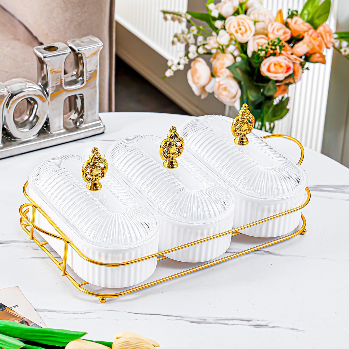 Cadre Fleur Or - Blanc - Grande Assiette Ovale - 3 Compartiments