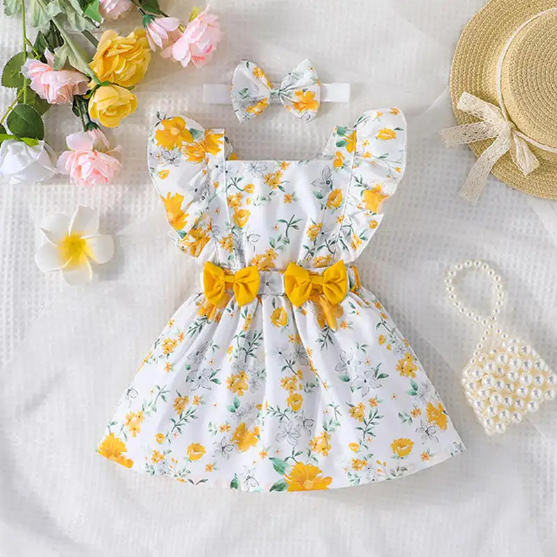 2024 nuevo diseño 0-24M verano niño niñas dulce vestido volante manga voladora flores impresas Bowknot infantil A-Line vestidos