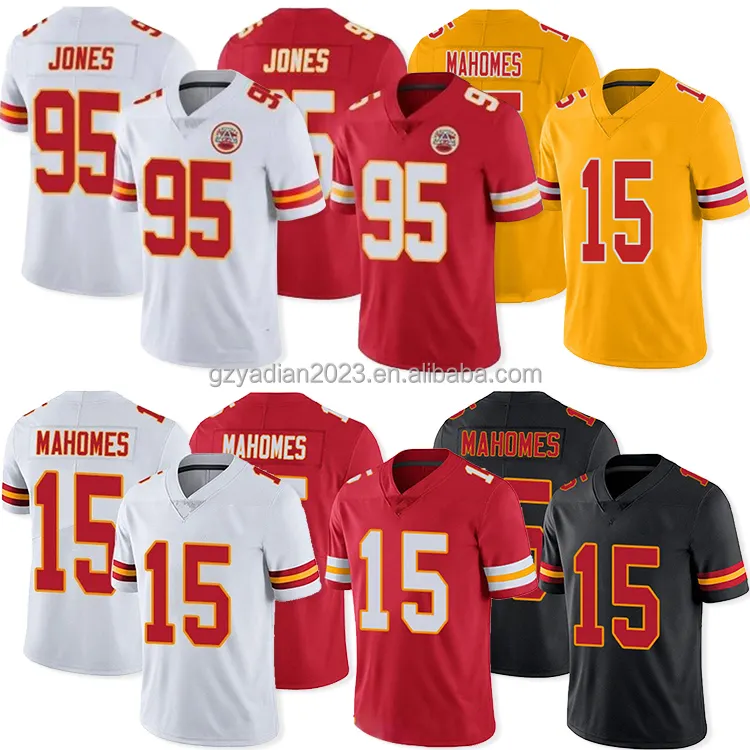 Vente en gros de jeunes maillots du Kansas 15 Patrick Mahomes Top Broderie cousue USA Maillots de football Blanc-Rouge-Noir