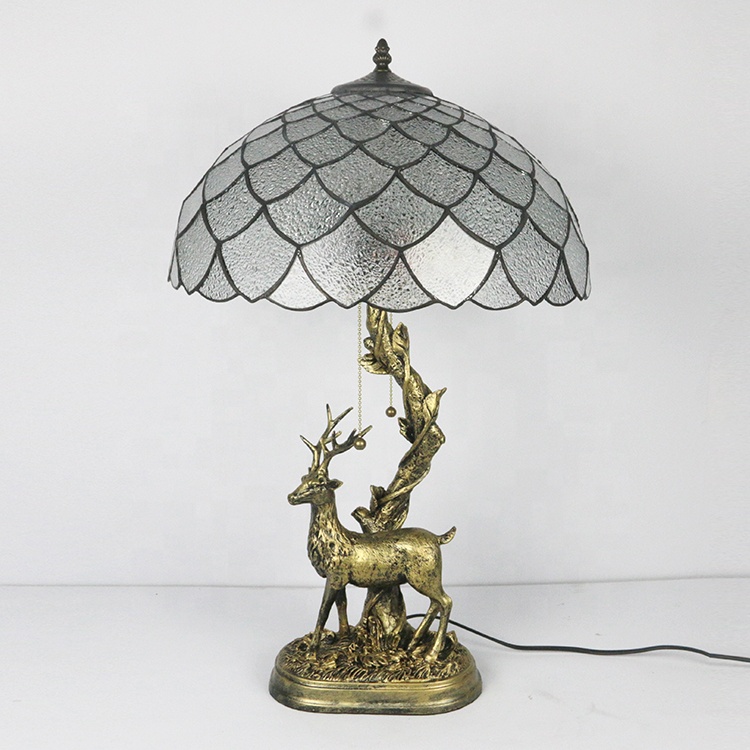 LongHuiJing 16 Inch European Retro Style Tiffany Table Lamp with Clear Stained Glass Lampshade