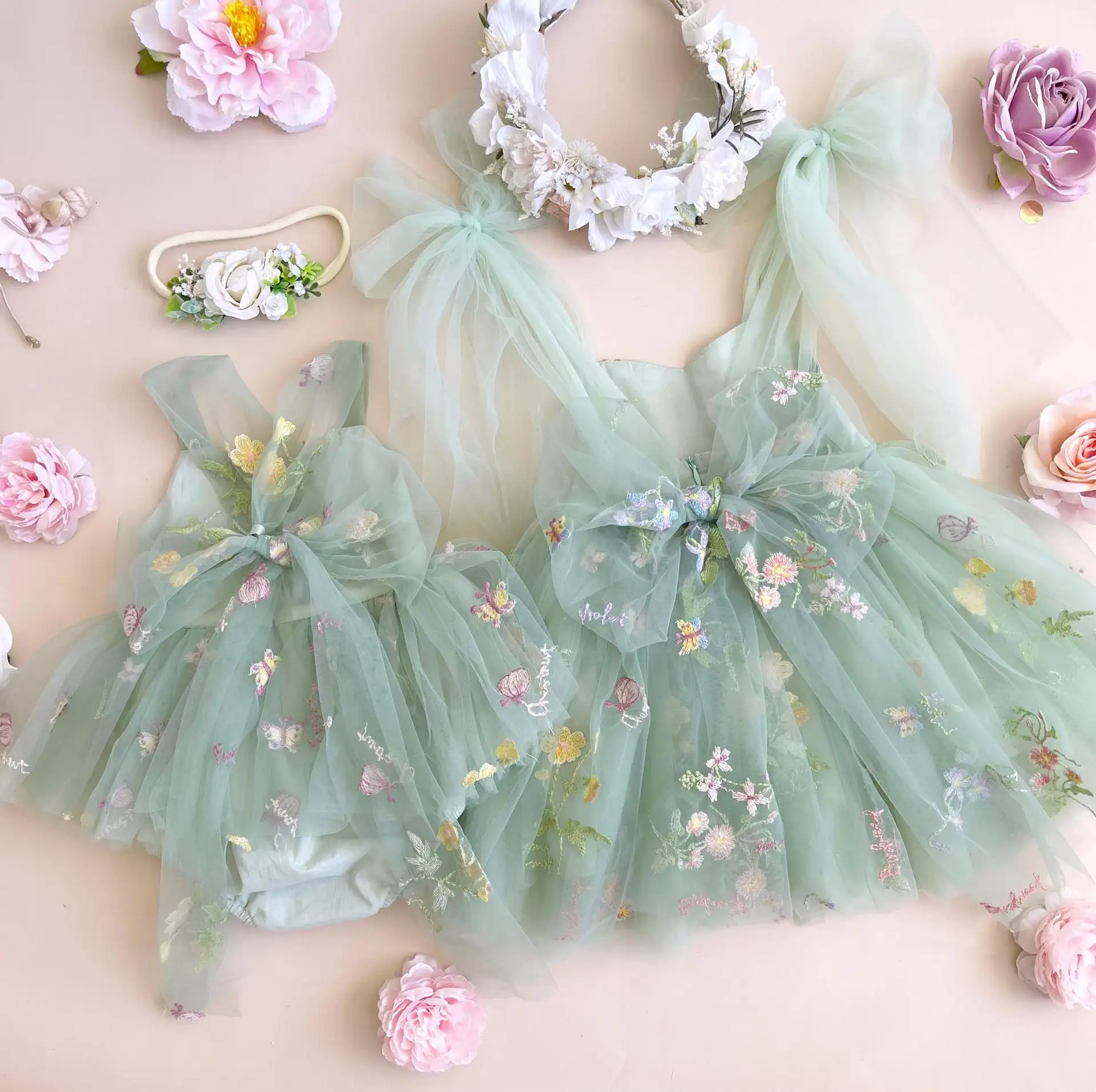 2023 Neue Sommer benutzer definierte Blumen bestickte Tüll Kinder Party tragen süße Mädchen Stram pler Kleid Tutu Kleider